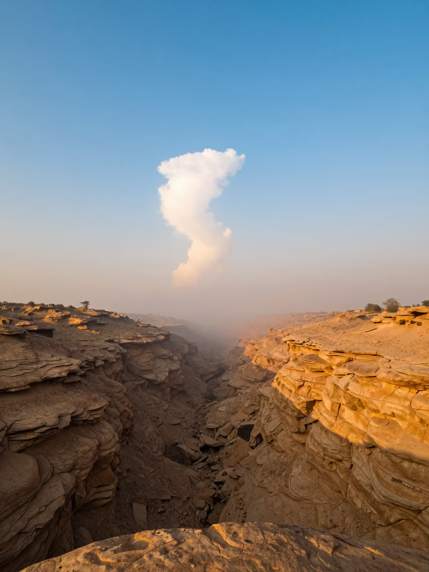 Virga Trails From Cloud Over Dry Canyon in through low marine fog in Rajasthan