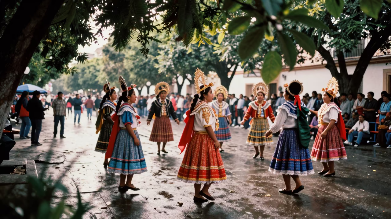 Virgen de la Candelaria Dancers in Mongu Square in at a public square during a festival in Mongu