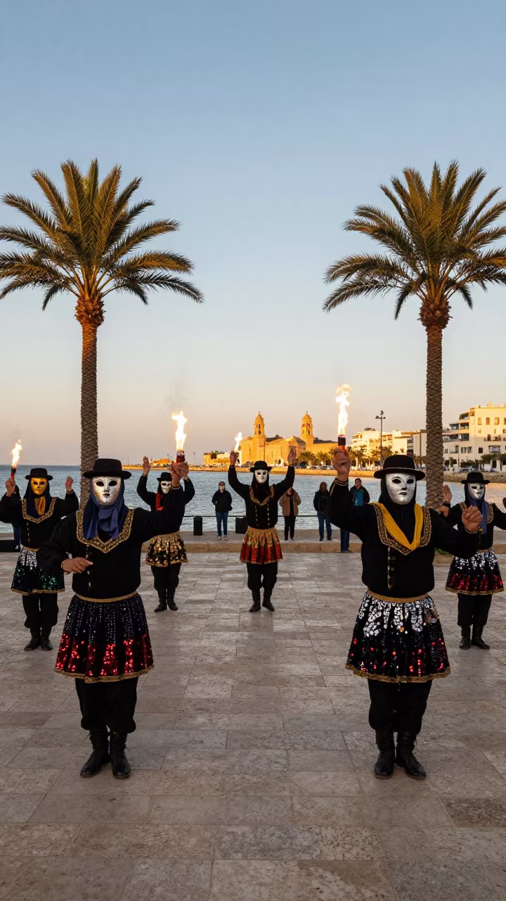 Virgen de la Candelaria Dancers in Tunis in at a waterfront celebration in Bab El Bhar, Tunis