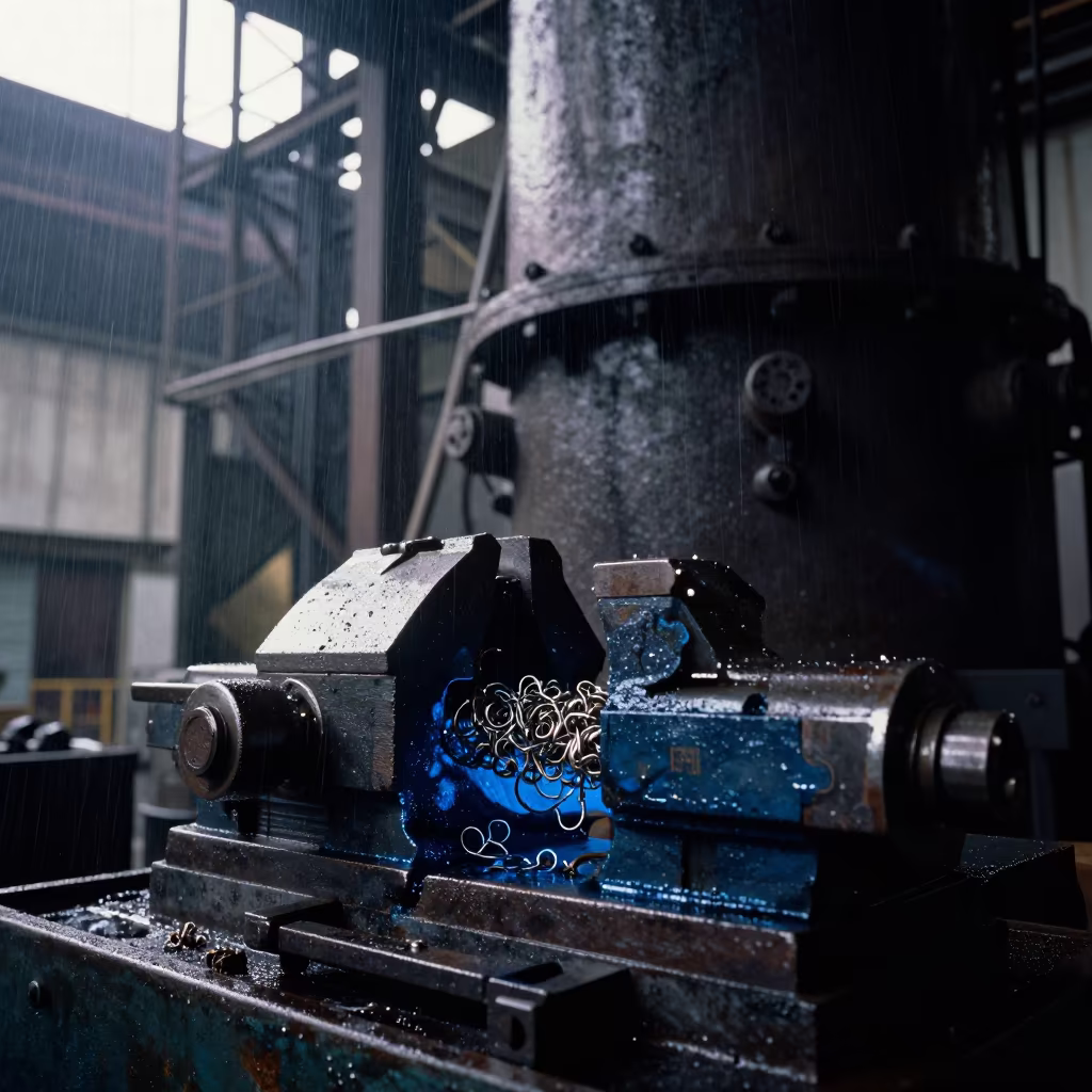 Vise Amidst Steel Curls in Hong Kong Rain in beside a blast furnace near Sham Shui Po, Hong Kong