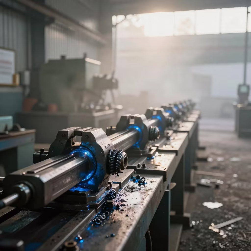 Vise With Steel Curls and Blue Oil in Dawn Light in in a welding bay near Jaranwala
