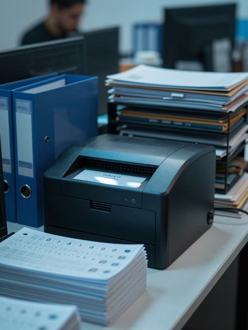 Visitor Badge Printer in Evening Office Light in inside an open-plan office bay near Dakhla