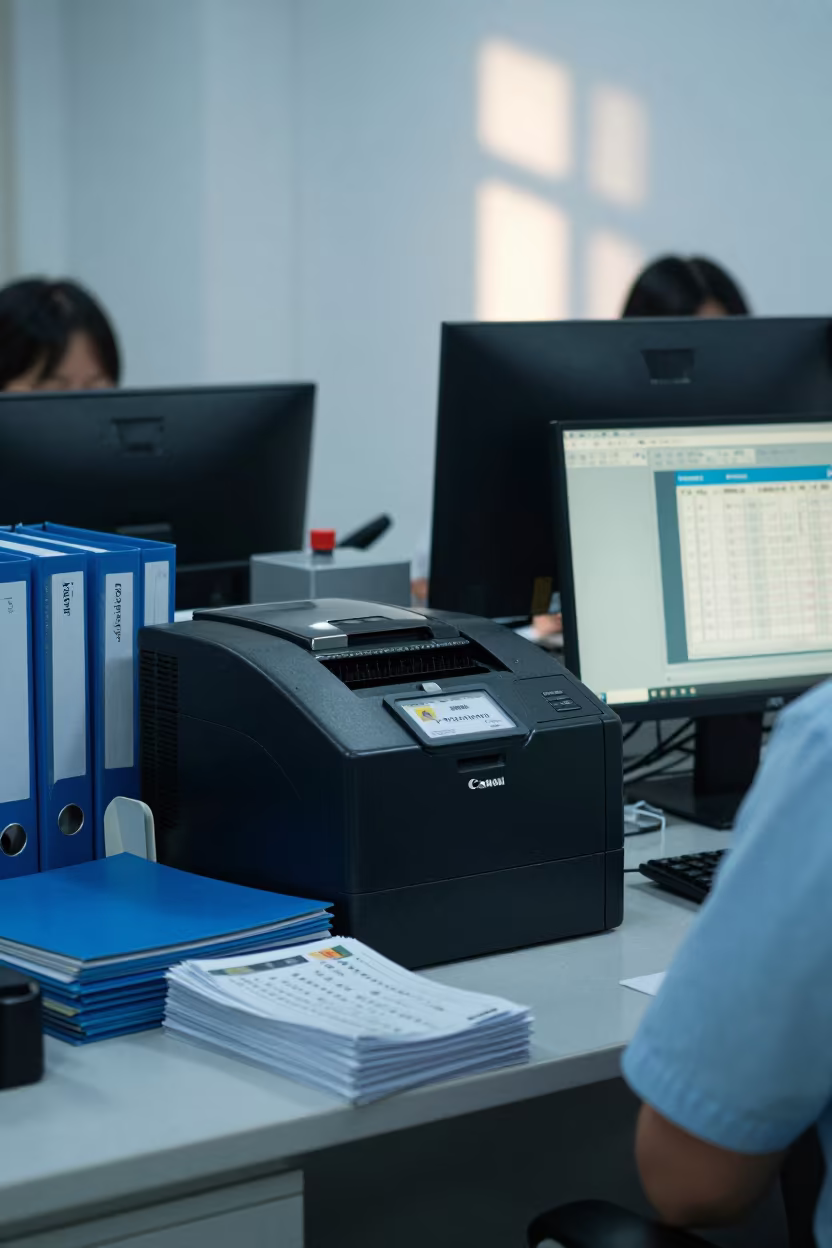 Visitor Badge Printer Station in Jinan Operations Center in in an operations center under monitor glow in Jinan