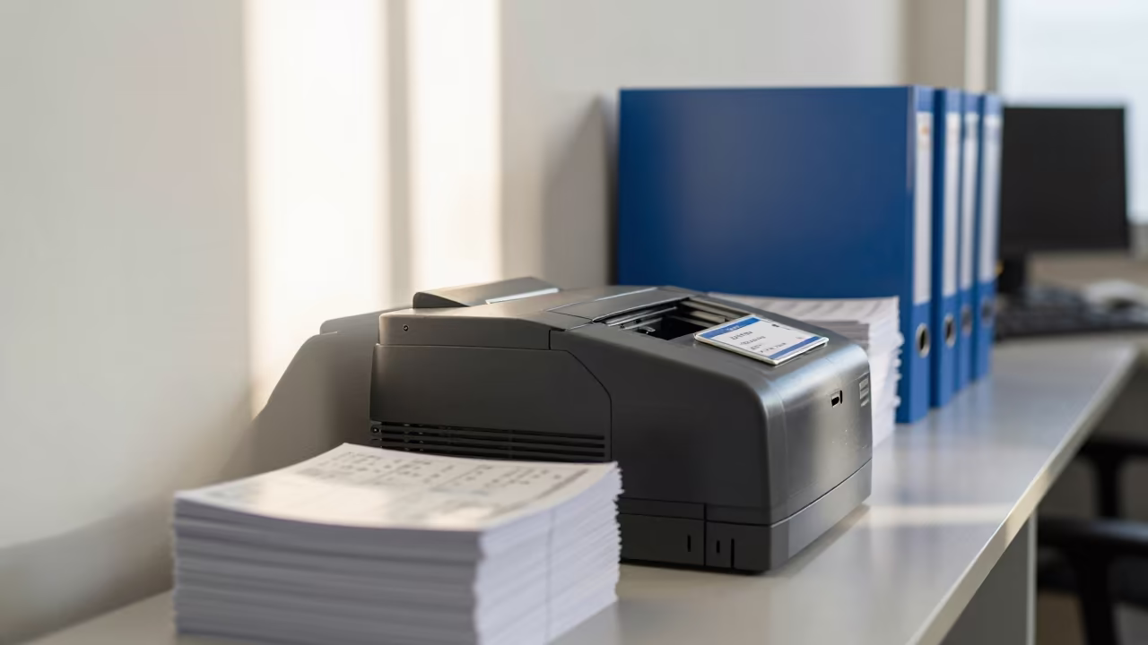 Visitor Badge Printer Station in Thimphu Office in in an operations center under monitor glow near Thimphu