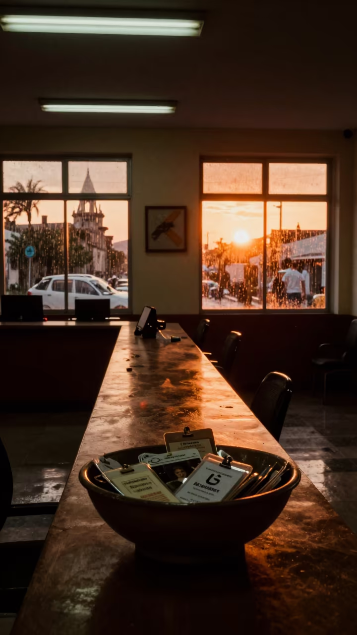 Visitor Badges in Amber Light at Mazatlan City Hall in in a fluorescent town hall meeting room in Mazatlan