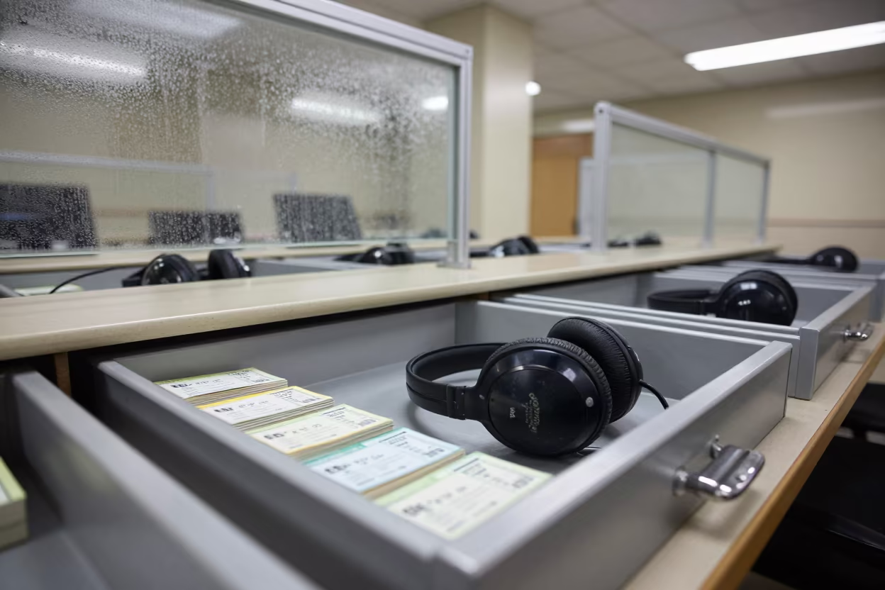 Visitor Headset Drawer on Boardroom Table in at a boardroom table before a meeting near Bonon