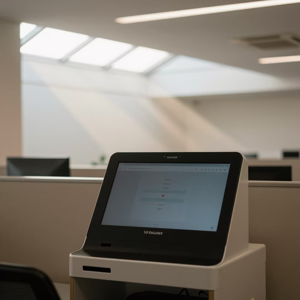 Visitor Kiosk in Juba Office Bay in inside an open-plan office bay near Juba