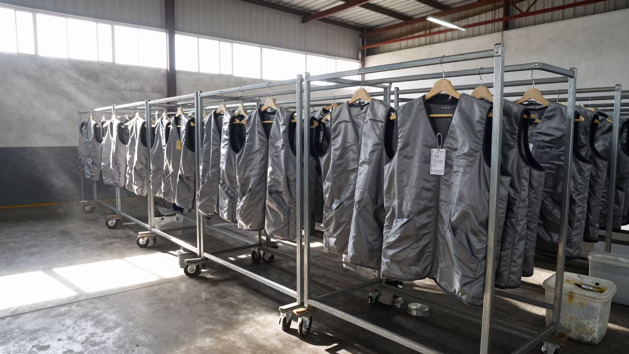 Visitor Vest Size Rack at Packing Station in at a fulfillment packing station near Salvador