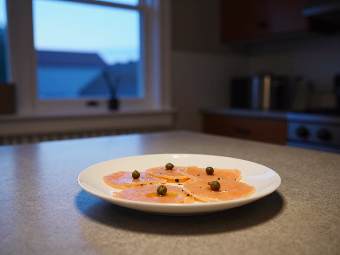 Vitello Tonnato With Capers Blue Hour Neon in on a kitchen worktop in Syracuse