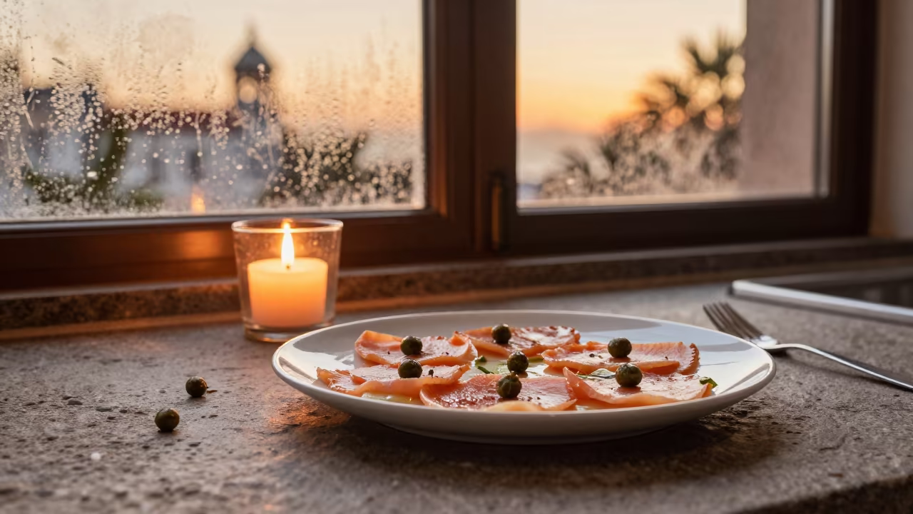 Vitello Tonnato with Capers on La Laguna Worktop in on a kitchen worktop in San Cristóbal de La Laguna