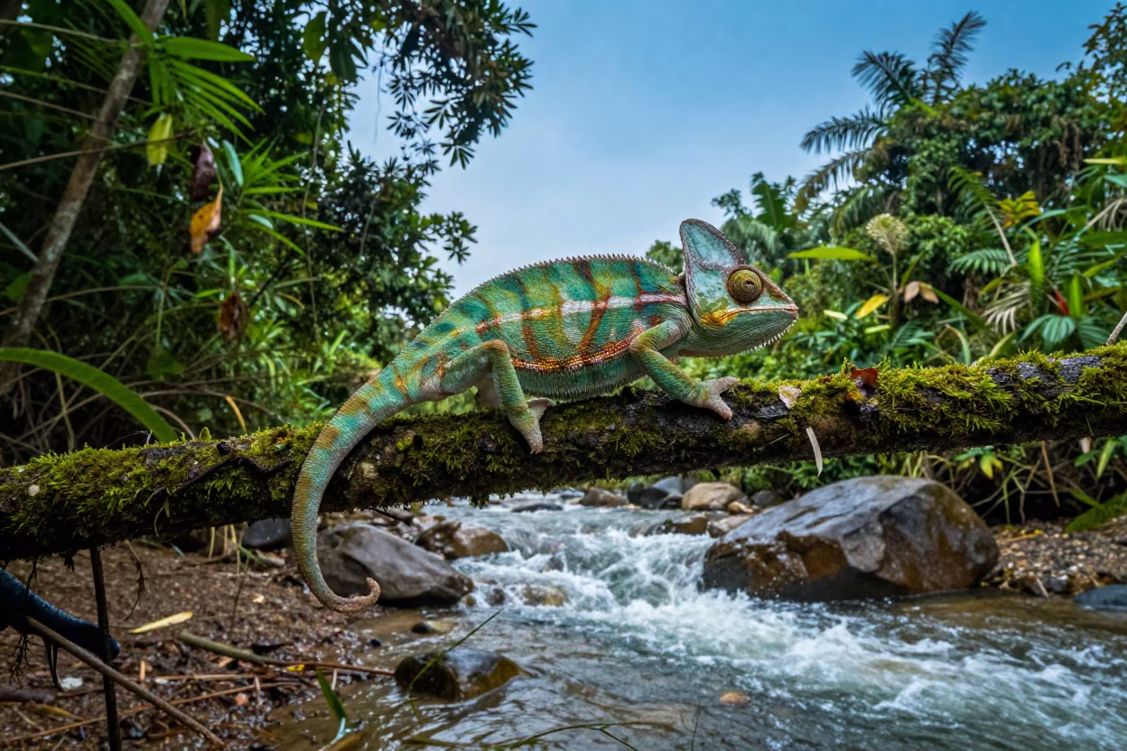 Vivid Green Panther Chameleon on Branch in above a glacial stream near Ho Chi Minh City