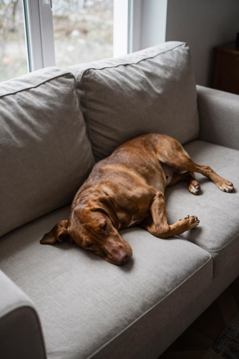 Vizsla Dog Resting on Linen Sofa in Jalandhar in on a linen sofa with daylight from a nearby window in Jalandhar