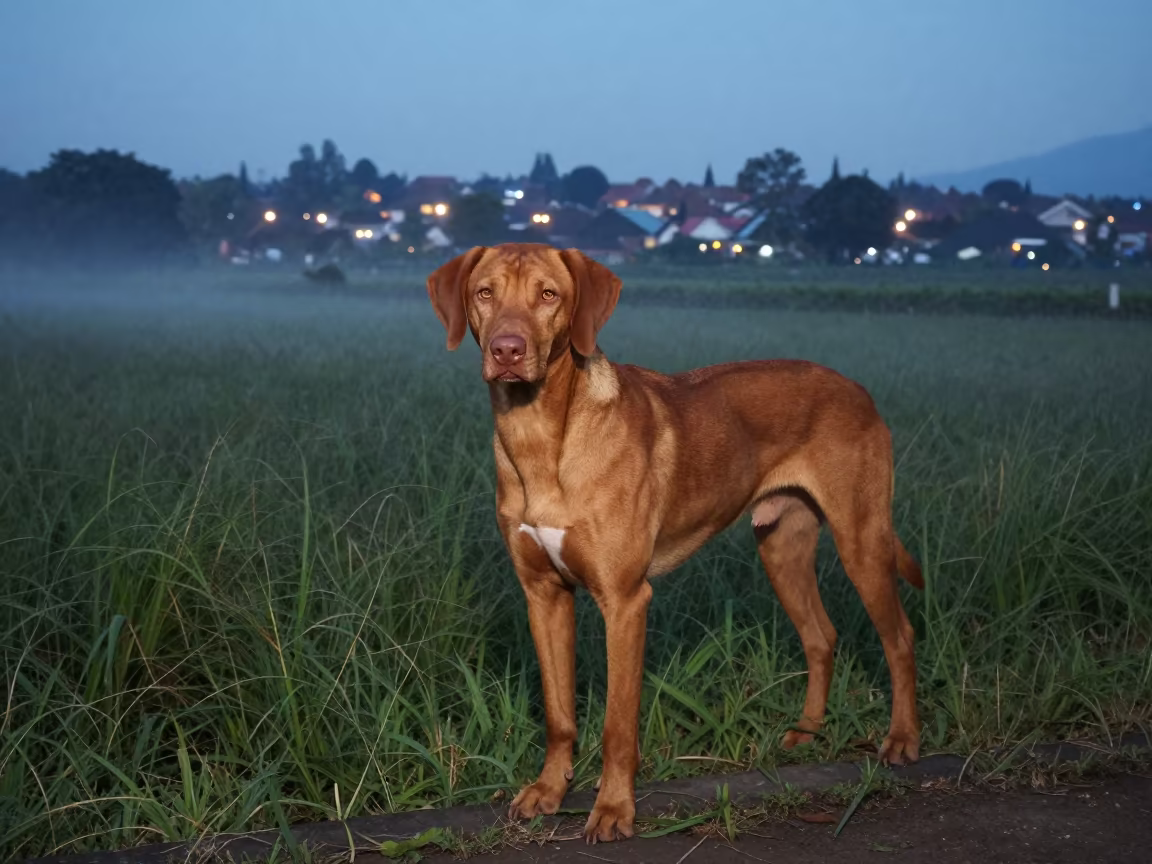 Vizsla Portrait at Blue Hour Near Yogyakarta Garden in near a garden edge with soft morning light and an uncluttered background near Yogyakarta
