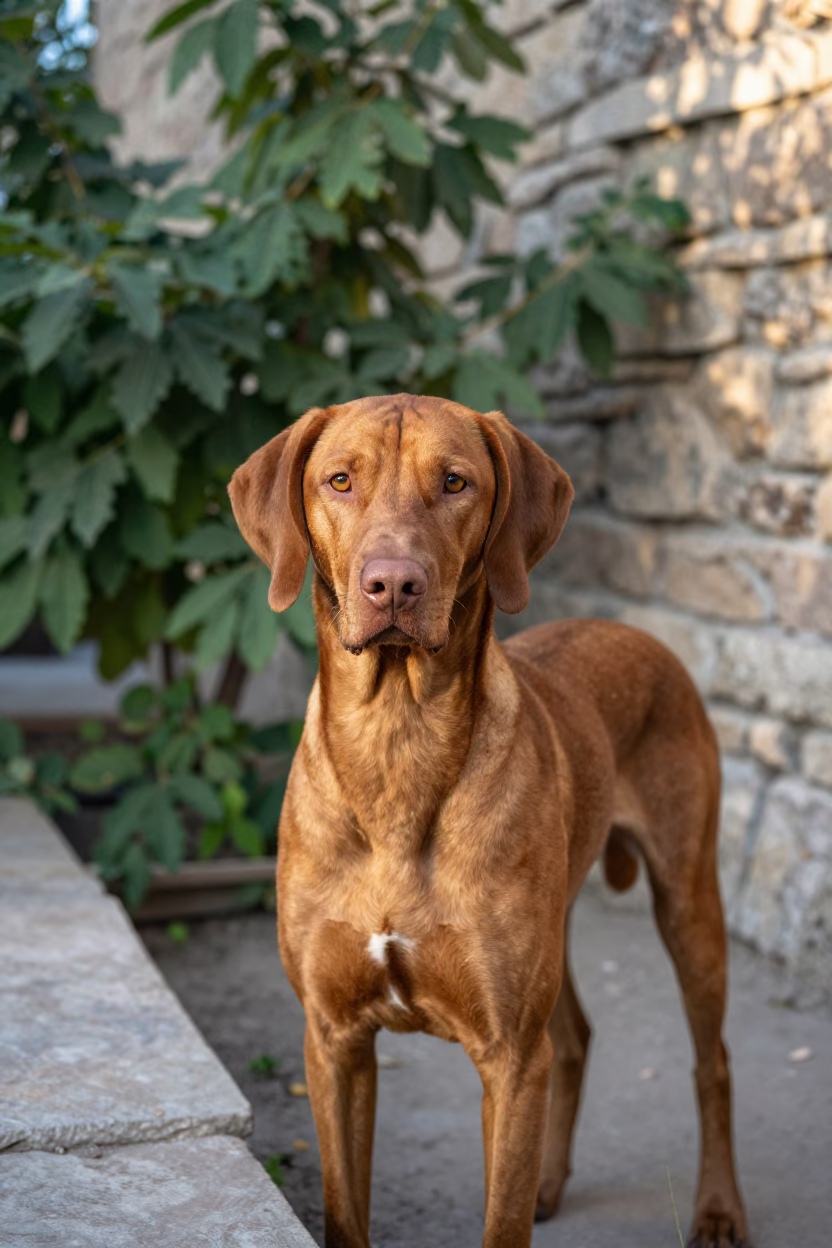 Vizsla Portrait at Tashkent Garden Edge Morning Light in near a garden edge with soft morning light and an uncluttered background in Tashkent