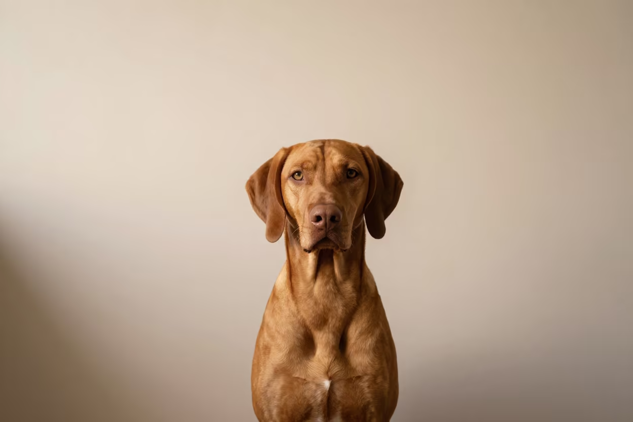 Vizsla Portrait Beside Plaster Wall Recife in beside a plain plaster wall in soft indoor light with the animal centered in frame in Recife
