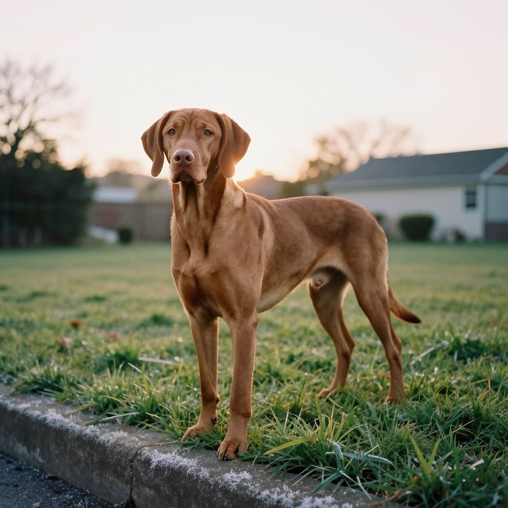 Vizsla Portrait in Autumn Yard Nanchang in in a small yard with clipped grass, calm light, and the animal centered in frame in Nanchang