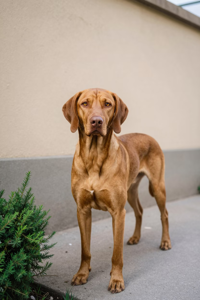 Vizsla Portrait in Changchun Courtyard Light in beside a plain courtyard wall in clear daylight with the animal at eye level near Changchun