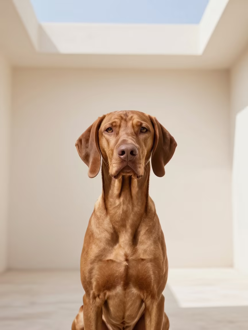 Vizsla Portrait in Fez Studio with Bright Skylight in in a quiet portrait studio with a plain backdrop and eye-level framing in Fez el-Jdid, Fez