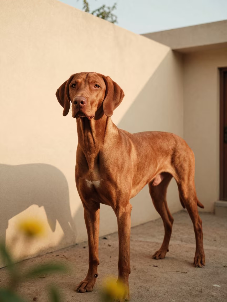 Vizsla Portrait in Golden Hour Light Beside Courtyard Wall in beside a plain courtyard wall in clear daylight with the animal at eye level in Mirpur