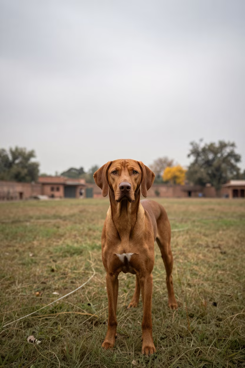 Vizsla Portrait in Jaunpur Yard Under Overcast Sky in in a small yard with clipped grass, calm light, and the animal centered in frame near Jaunpur