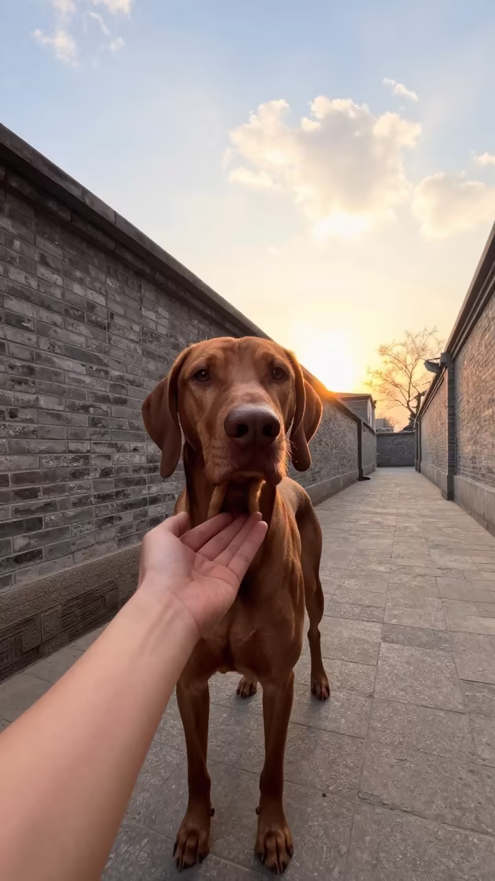 Vizsla Portrait Near Shanghai Tianzifang Wall in beside a plain courtyard wall in clear daylight with the animal at eye level near Tianzifang, Shanghai