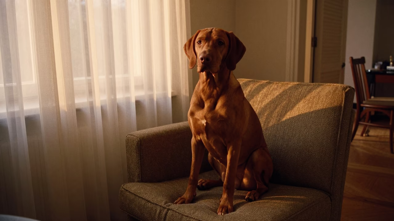 Vizsla Portrait on Sofa Near Window in Tobruk in on a sofa near a curtained window with calm indoor light in Tobruk