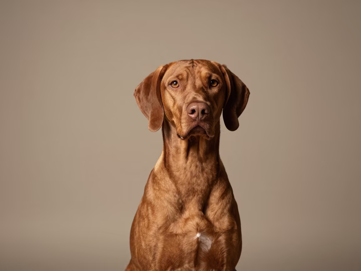 Vizsla Portrait Studio Golden Hour Winter Light in in a quiet portrait studio with a plain backdrop and eye-level framing in Ljubljana