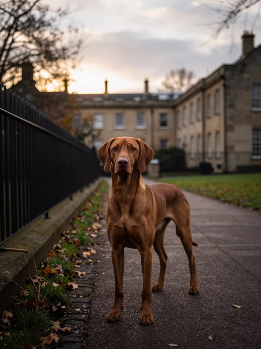 Vizsla Silhouette on Exeter Path in Late Autumn in beside a plain courtyard wall in clear daylight with the animal at eye level in Exeter