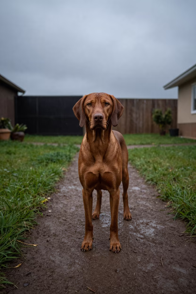 Vizsla Standing on Monsoon Path in Ngaoundéré in in a small yard with clipped grass, calm light, and the animal centered in frame in Ngaoundéré