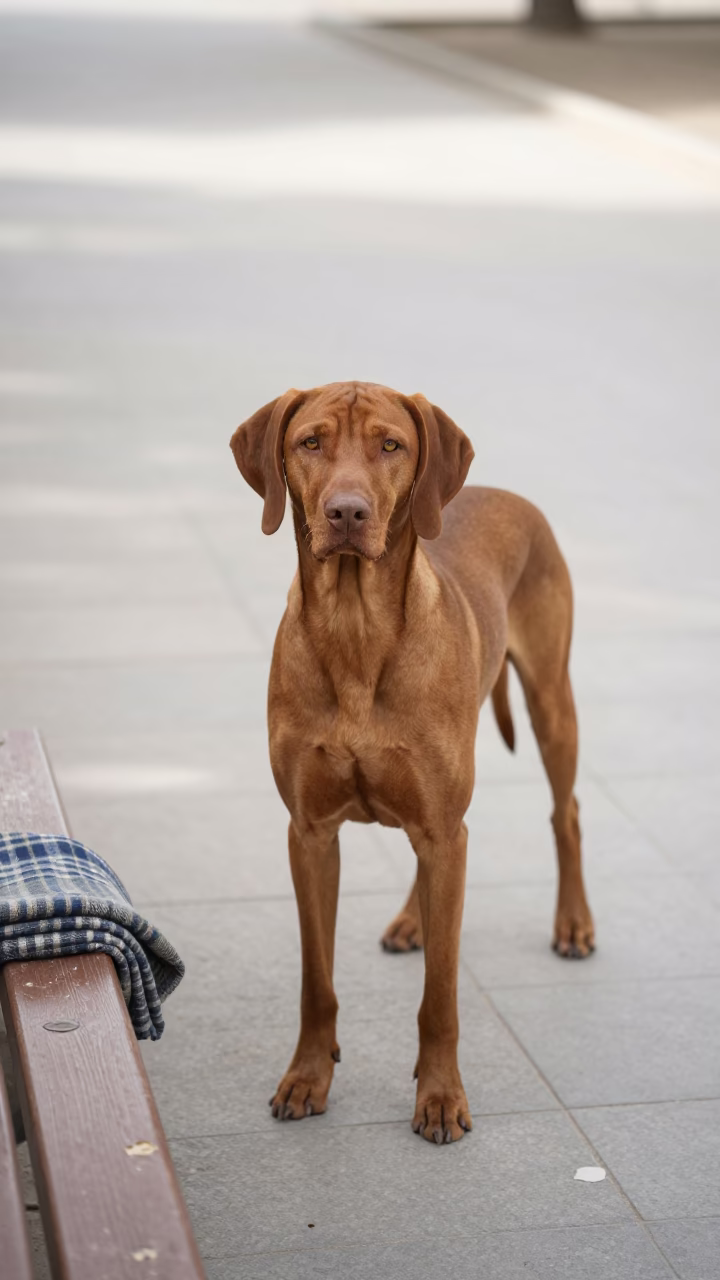 Vizsla Standing on Quiet Darband Park Path in along a quiet park path with soft open shade and a clean background in Darband, Tehran