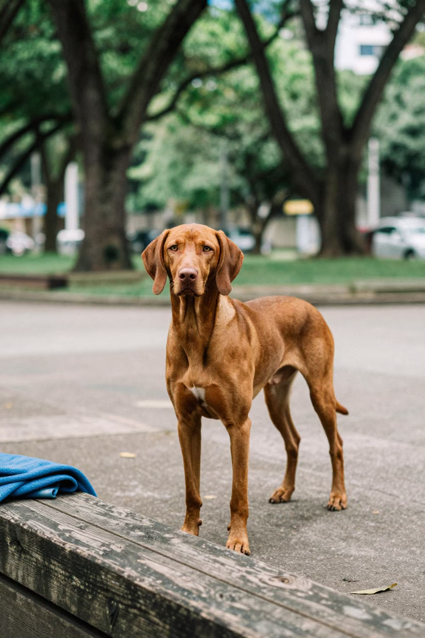 Vizsla Standing Quiet Park Path Porto Alegre in along a quiet park path with soft open shade and a clean background in Porto Alegre