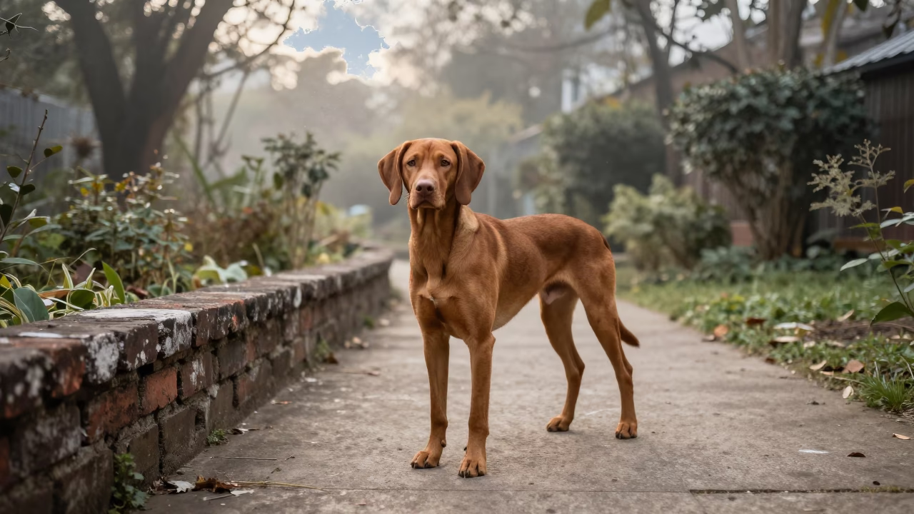 Vizsla Standing Quietly on Park Path Morning Light in near a garden edge with soft morning light and an uncluttered background near Wuhan