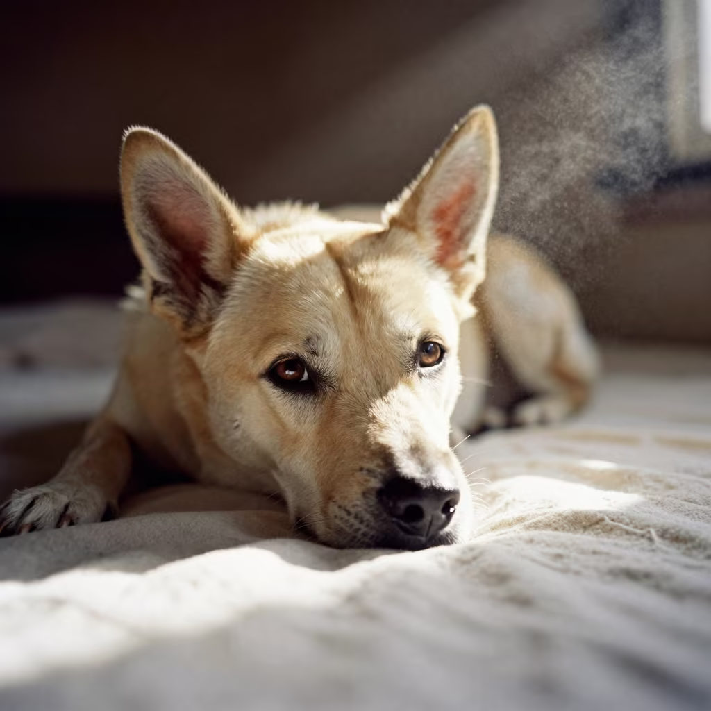 Vlciak Dog Resting on Bedspread in Wenzhou in on a bedspread near a bright window with calm indoor light in Wenzhou