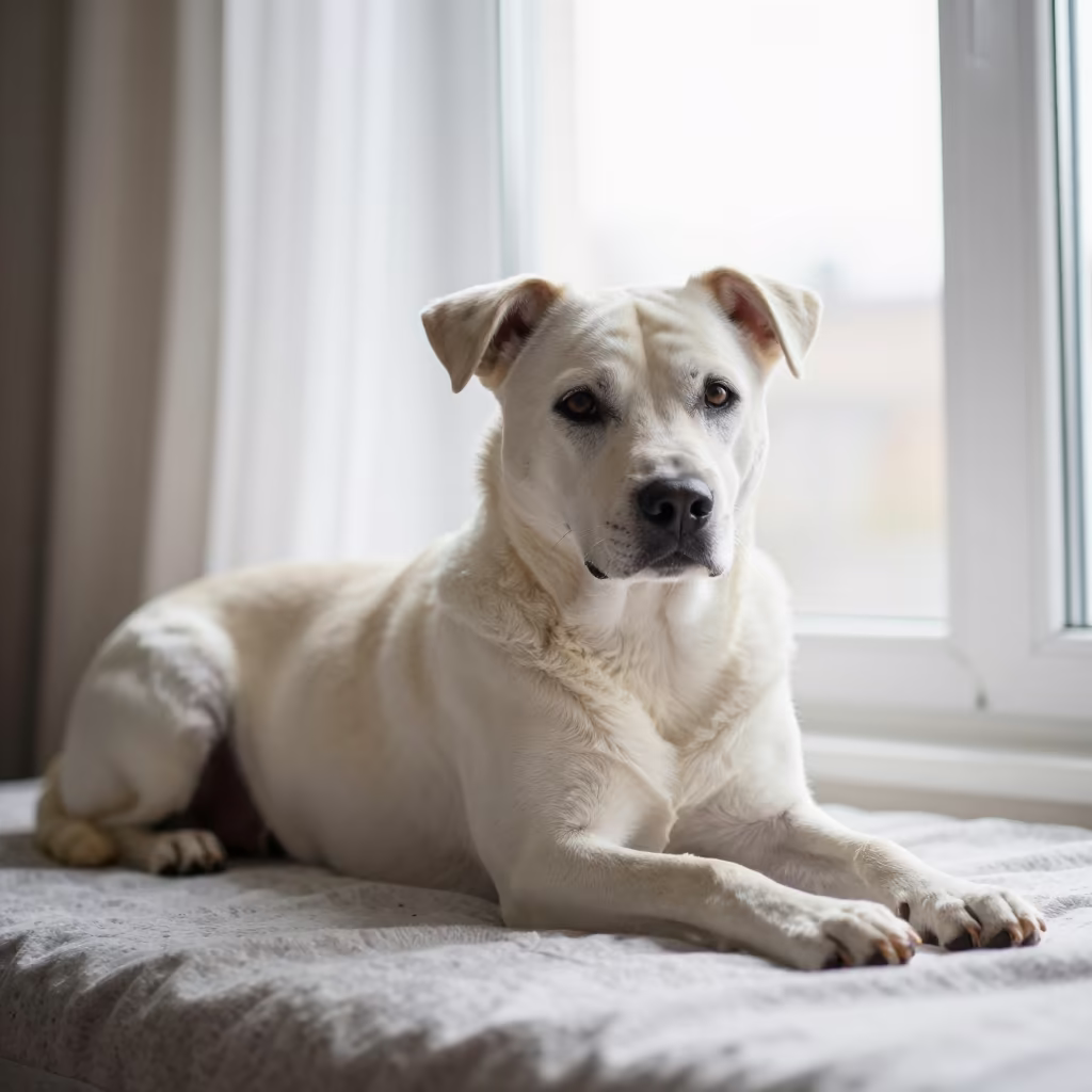 Vlciak Dog Resting on Bedspread Near Window in on a bedspread near a bright window with calm indoor light in Encarnacion