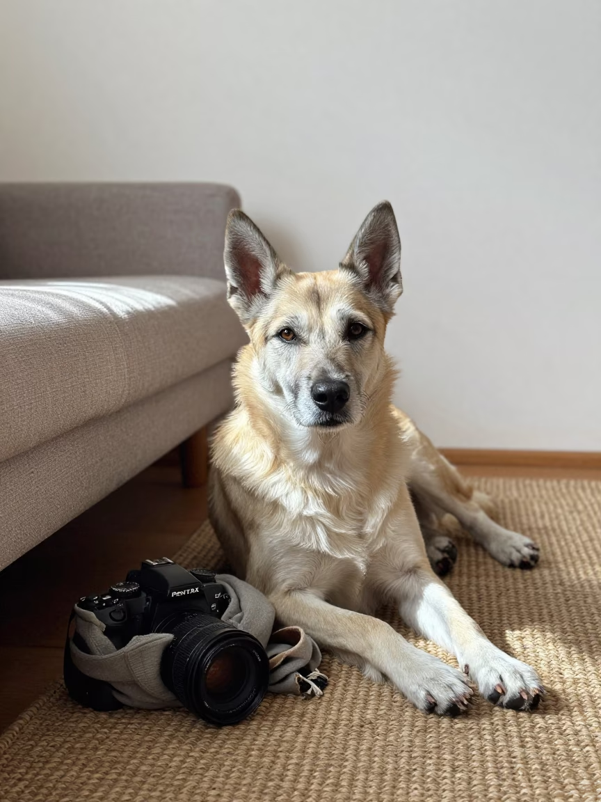 Vlciak Dog Resting on Rug in Leh Home in on a woven rug beside a low couch and an uncluttered wall in Leh