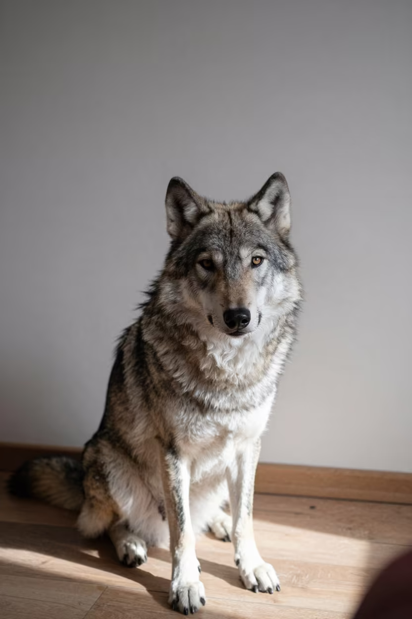 Vlciak Portrait Against Plaster Wall in beside a plain plaster wall in soft indoor light with the animal centered in frame in Castilla