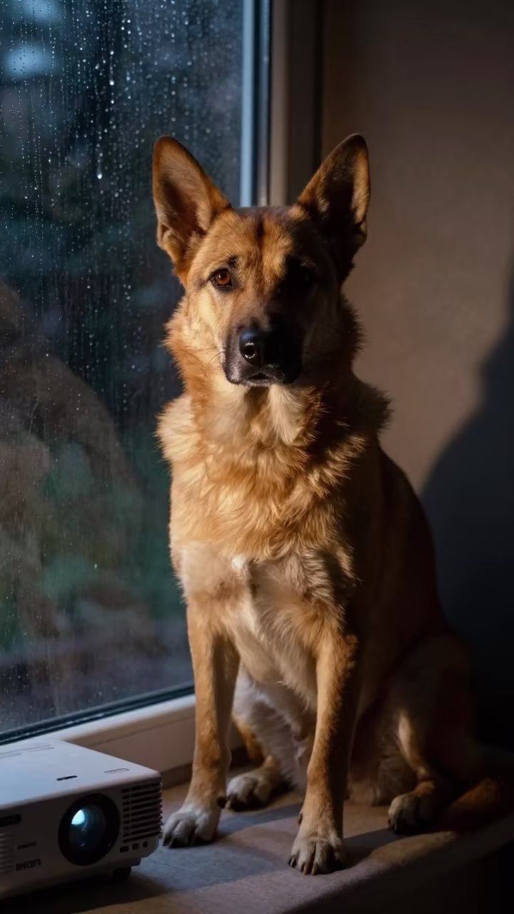 Vlciak Portrait on Window Seat Midnight Light in on a cushioned window seat with soft side light and an uncluttered background in Kano