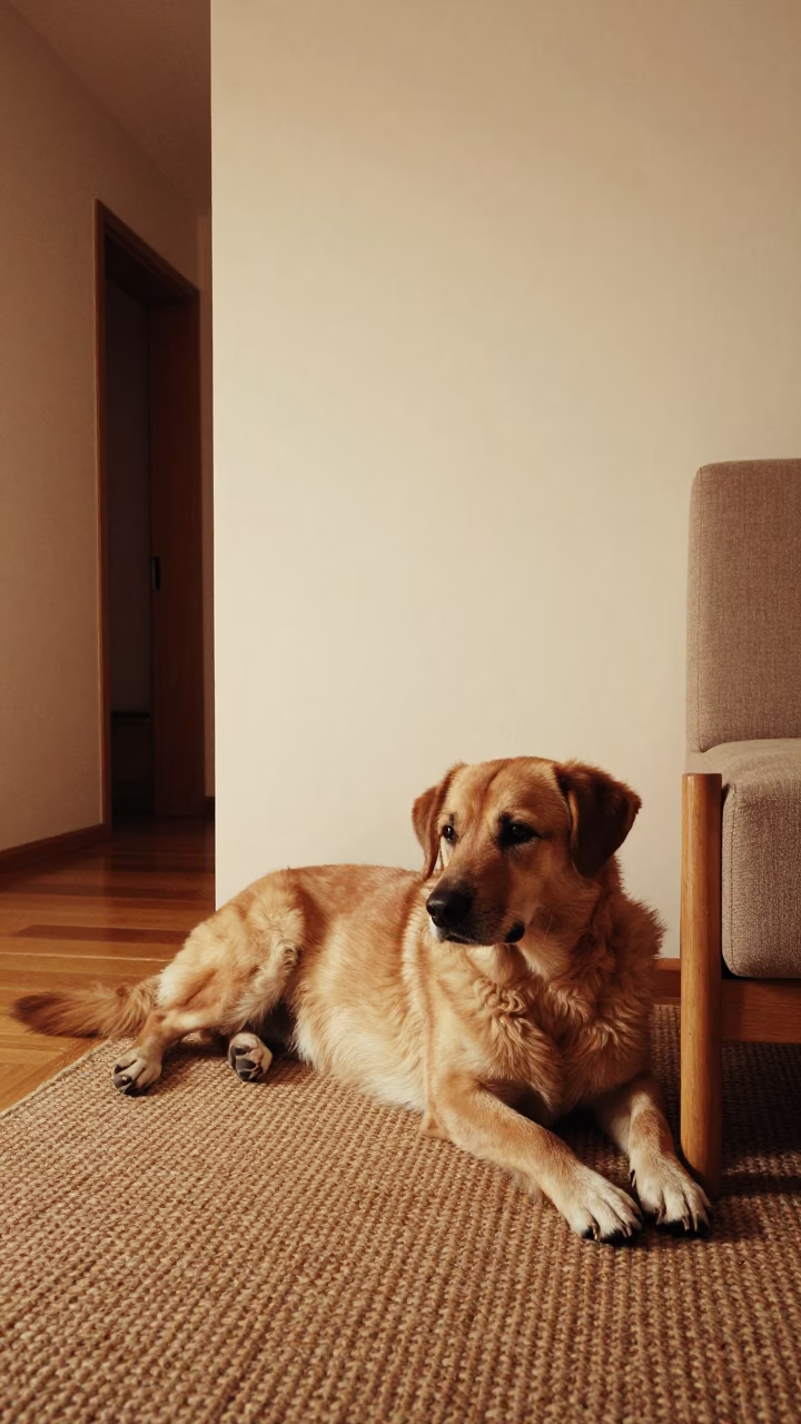 Vlciak Resting on Woven Rug in Munich Home in on a woven rug beside a low couch and an uncluttered wall in Haidhausen, Munich