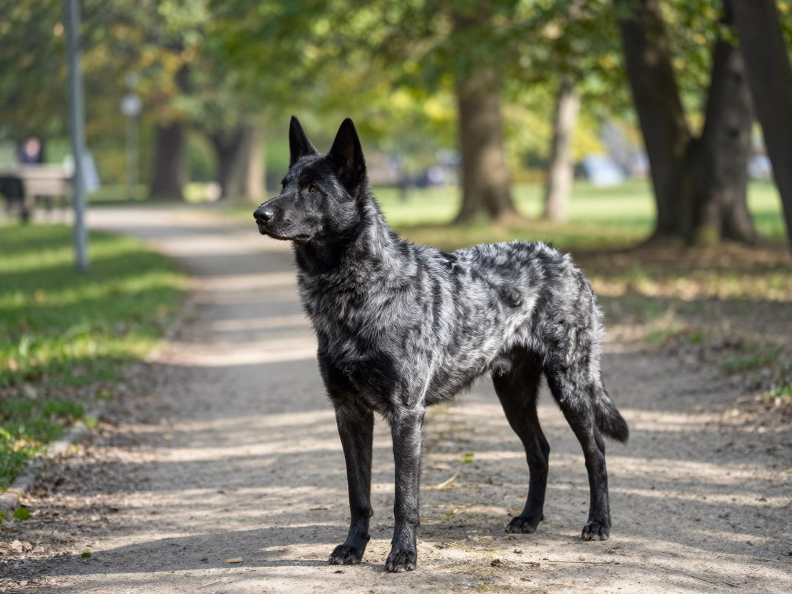 Vlciak Wolf Dog in Dehradun Park Path in along a quiet park path with soft open shade and a clean background in Dehradun