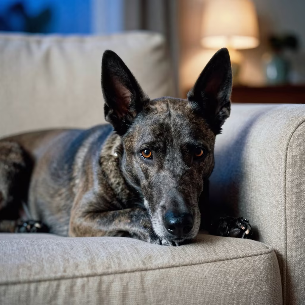 Vlciak Wolf Dog Resting on Linen Sofa in on a linen sofa with daylight from a nearby window in Barquisimeto
