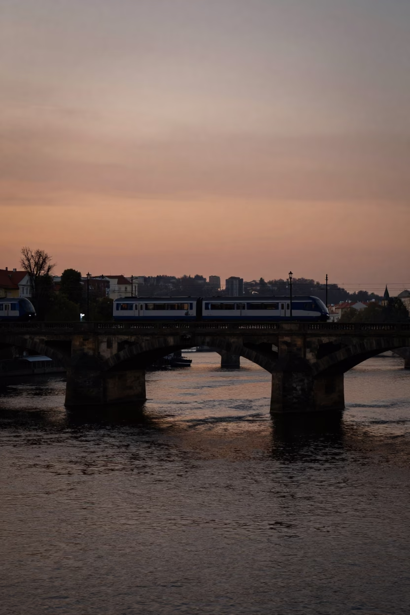 Vltava River in Prague at Copper-toned Light Before Dusk in in Prague, Czech Republic