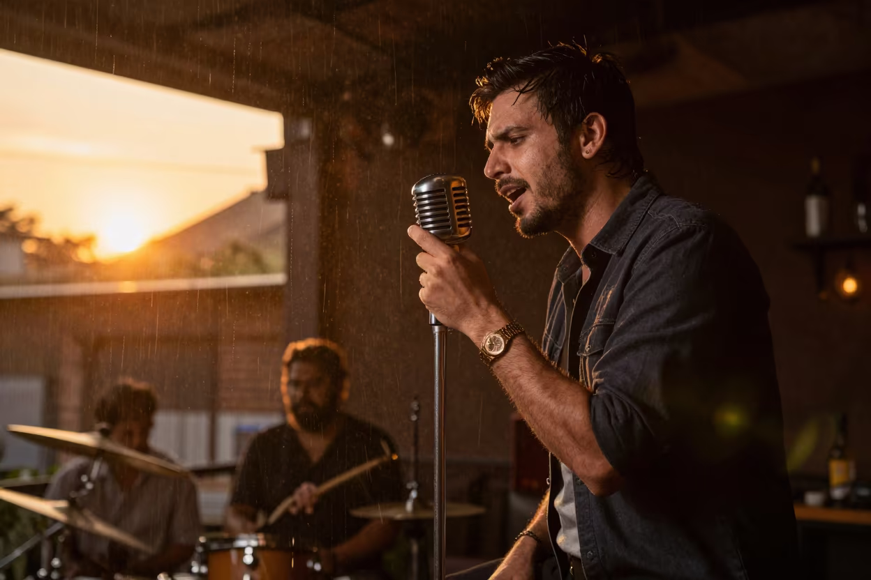 Vocalist in Amber Light Ulhasnagar Jazz Lounge in on a dimly lit stage in Ulhasnagar