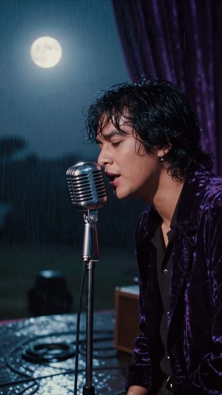 Vocalist Singing Into Vintage Mic in Cebu Lounge in on a dimly lit stage in Cebu