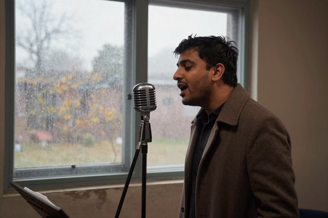 Vocalist at Vintage Microphone in Rahim Yar Khan Rehearsal in in a rehearsal room in Rahim Yar Khan