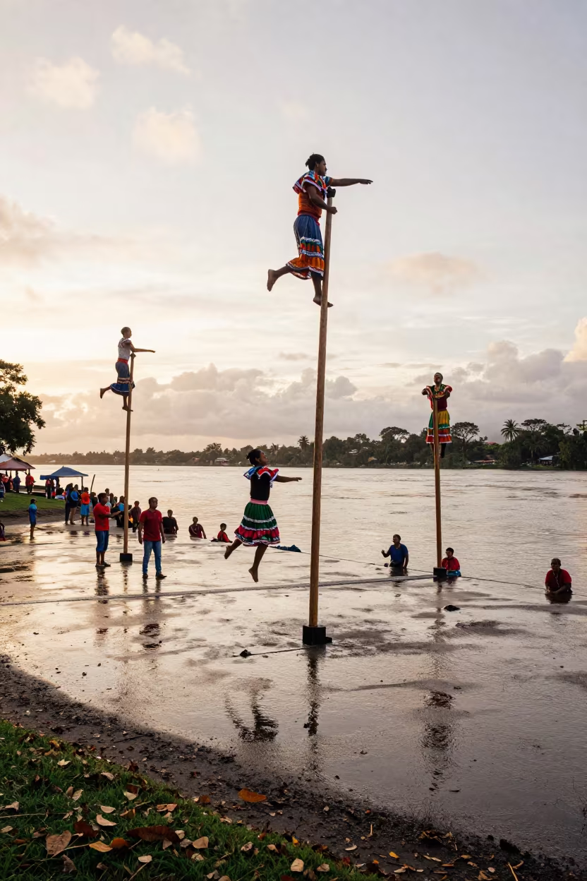 Voladores Dancers at Port Moresby Riverside in near a riverside landing in Port Moresby
