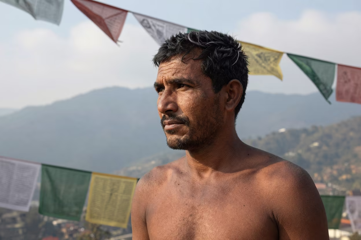 Volcanic Ash Farmer Portrait Near Pokhara in beneath a line of prayer flags near Pokhara