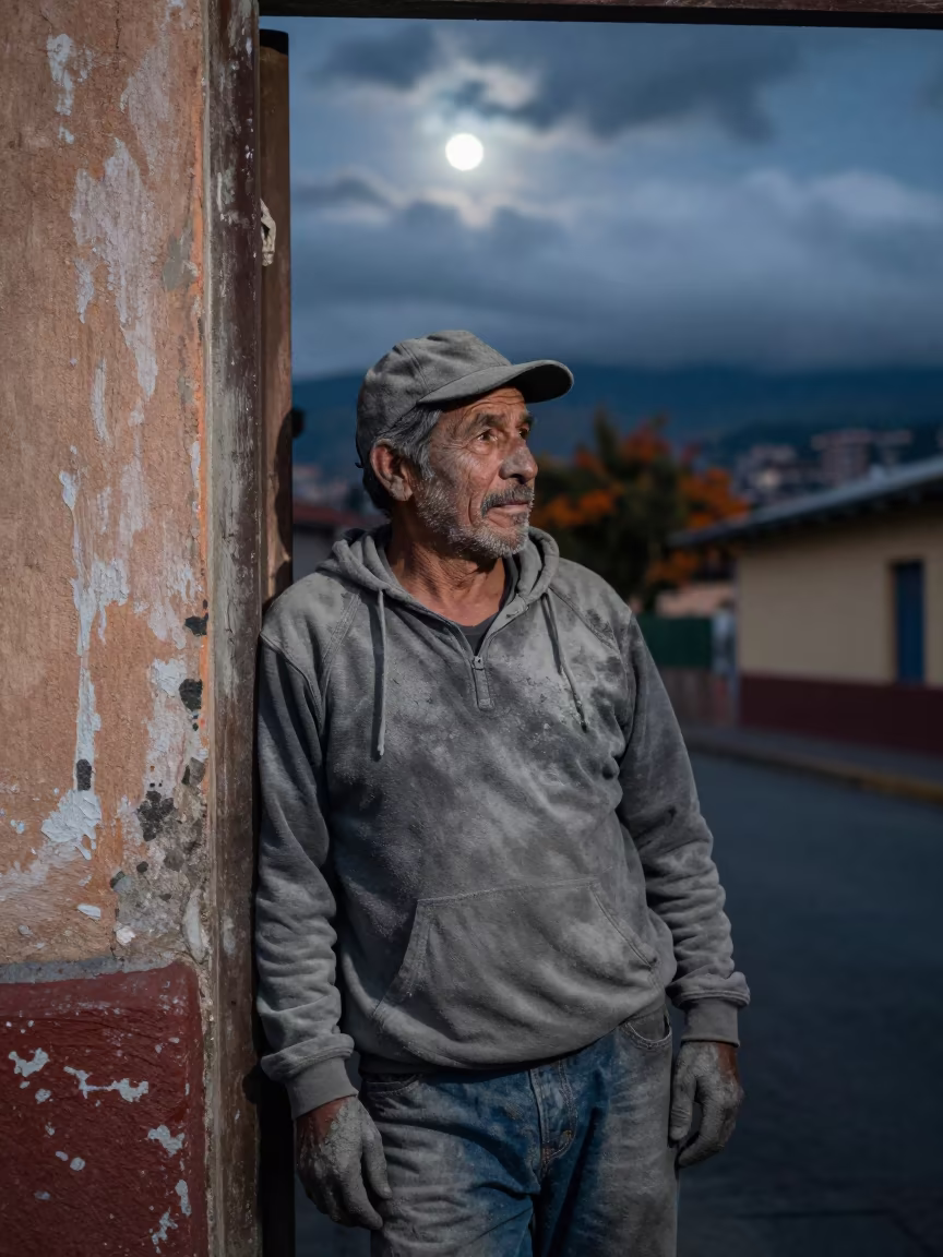 Volcanic Ash Farmer in Predawn Medellín in against a weathered doorway near Medellín