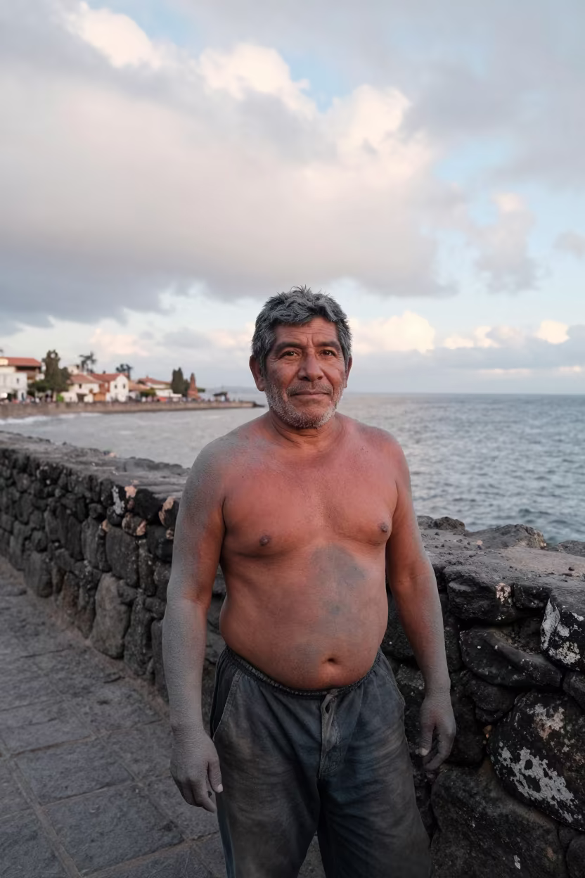 Volcanic Ash Farmer at San Blas Harbor in beside a harbor wall near San Blas, Cusco