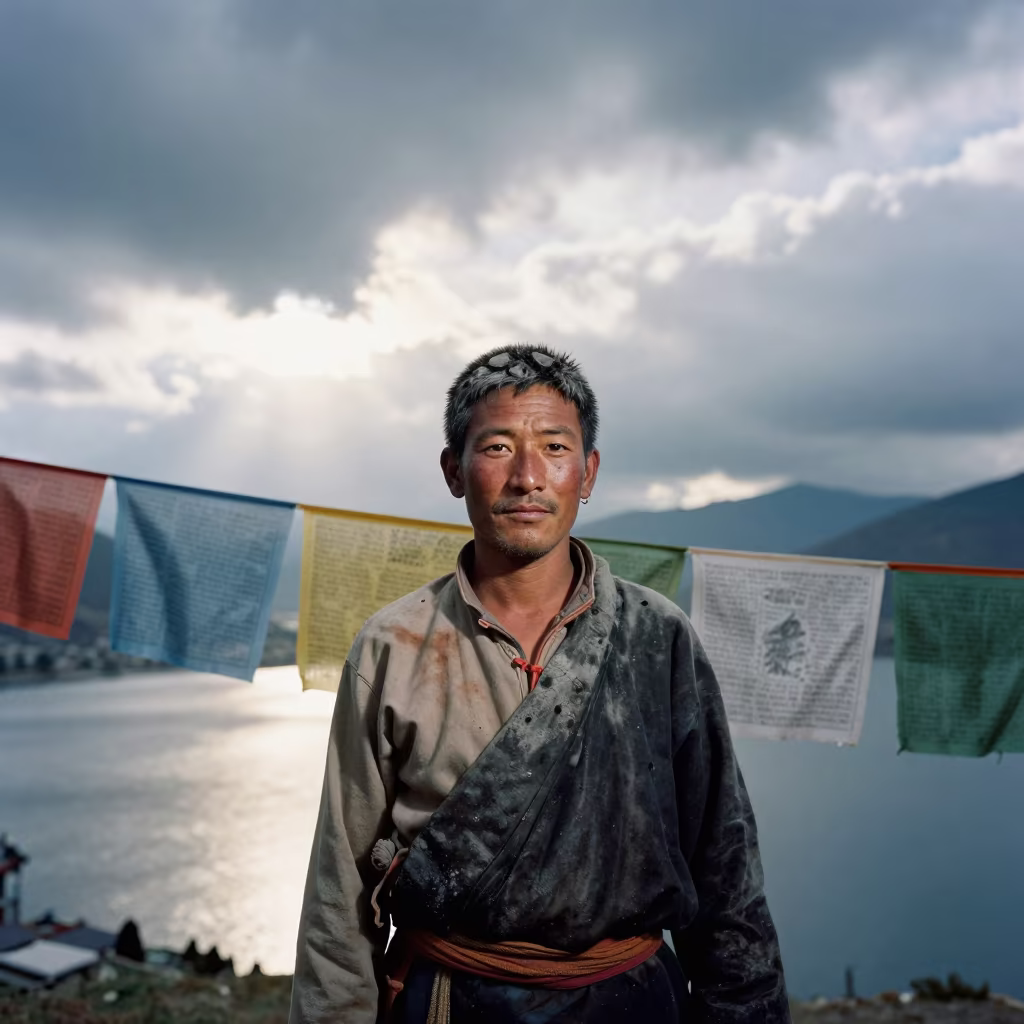 Volcanic Ash Farmer Thimphu Prayer Flags in beneath a line of prayer flags near Thimphu