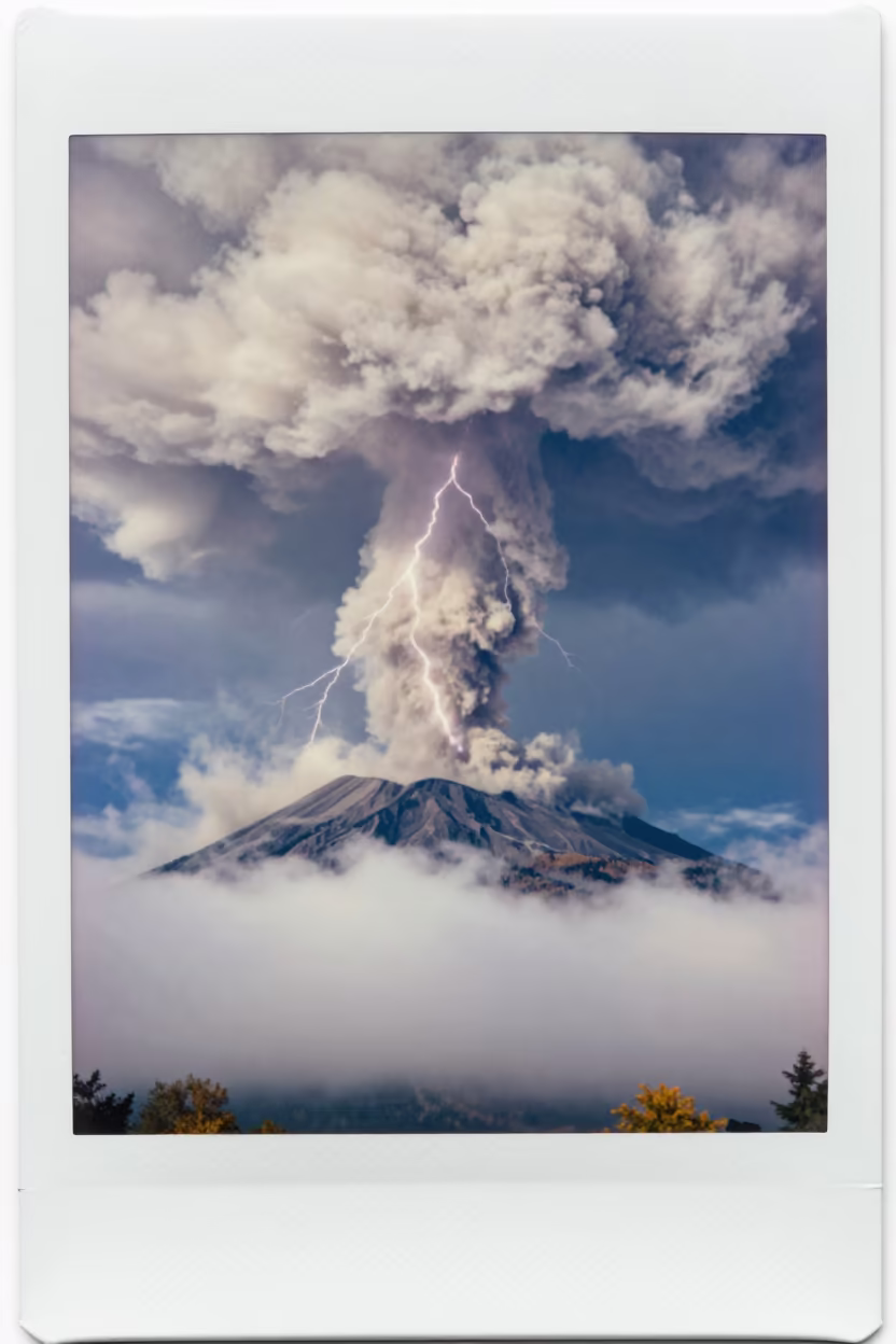 Volcanic Ash Plume Lightning Through Swiss Fog in through low marine fog in Switzerland